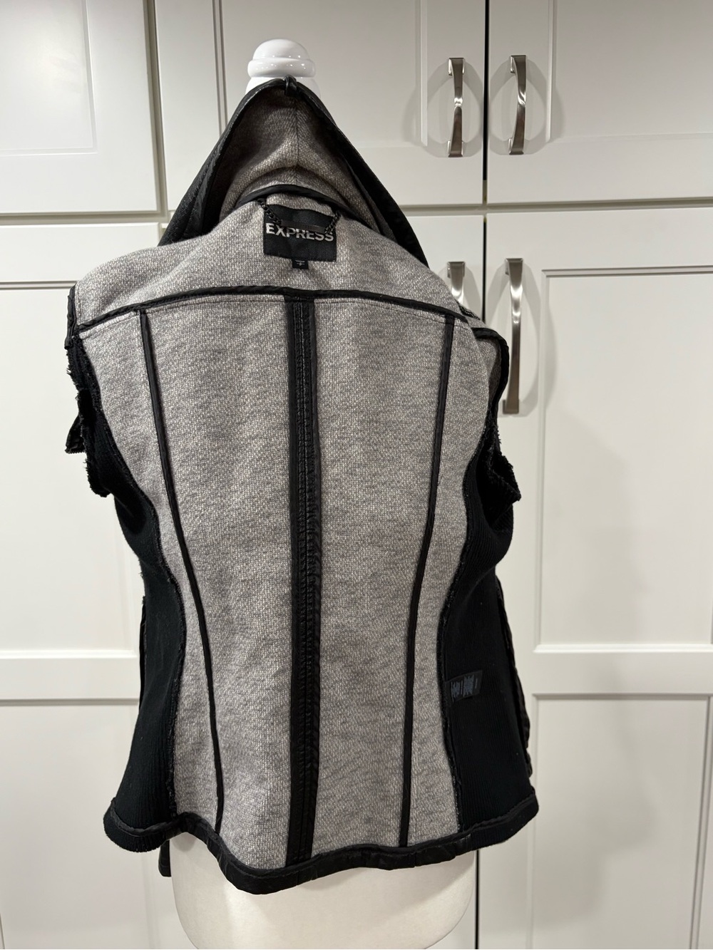 Express Black Faux-Leather Moto Jacket with Light Gray Shawl Collar - Picture 9 of 9